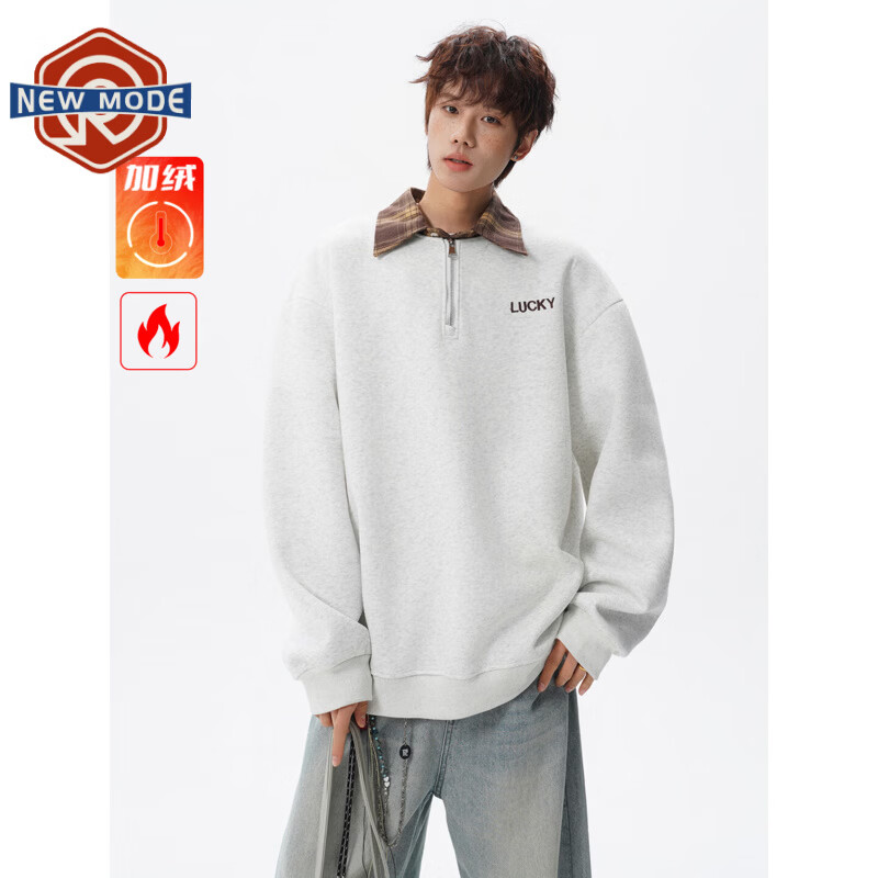 NEW OR MODE美式撞色假两件POLO衫卫衣男冬季新款加绒加厚保暖宽松套头打底衫 花灰色加绒 XL 【建议125-145斤】