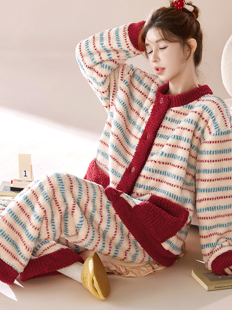 雅鹿睡衣冬女加绒保暖睡衣女士秋冬季2025新款珊瑚绒大码家居服圣诞套 NSJLY-KS274柏林纪事圆领女 L (100斤-120斤）