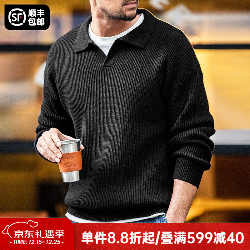 马登工装美式复古海鸥领polo衫宽松慵懒男士套头毛衣秋冬坑条针织衫男 黑色 【v领毛衣男/高级感毛线衣/男士冬季打底衫】 L