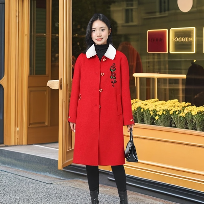 全毛双面呢中长女装大衣发明专利产品全品类春秋冬三季适用毛呢类 红色2， 厚款， 喜欢胸花下单请备注 2XL 165-170 建议净胸围96CM在毛衣外穿