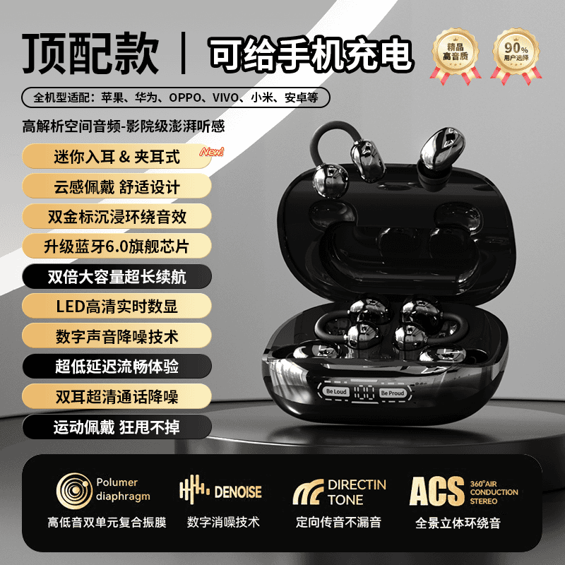 冠迪思【4个耳机可给手机充电】2026新款耳夹式睡眠无线蓝牙耳机超长续航 炫酷黑-男士优选ENC高清通话降噪定向传超长续航 新升级两对耳机可给手机充电超长续航 运费险 放心使用