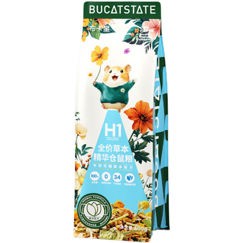 布卡星（BUCATSTATE）倉鼠果蔬五谷糧500g營養(yǎng)主食零食金絲熊專用 【送封口夾+34+天然原材_】全價(jià)