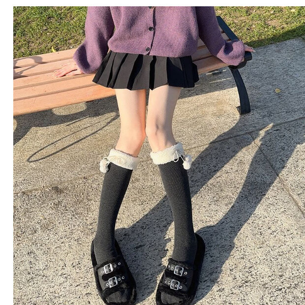 朋意过膝美腿袜子毛球加绒lolita女秋冬季长筒加厚日系jk小腿袜洛丽塔 小腿袜+过膝袜【奶白色】 均码