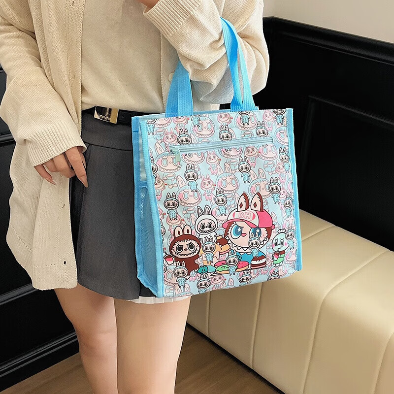 可爱卡通牛津布防水手提双层补习袋学生便携拉链A4文件美术收纳袋 粉色