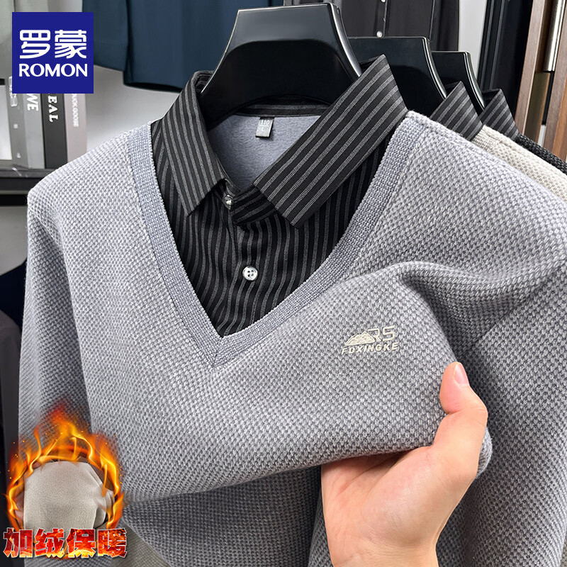 罗蒙（ROMON）仿雪貂绒加绒假两件毛衣男2025秋冬新款保暖衬衫领男士针织打底衫 223灰色 XL (建议体重130-150斤)