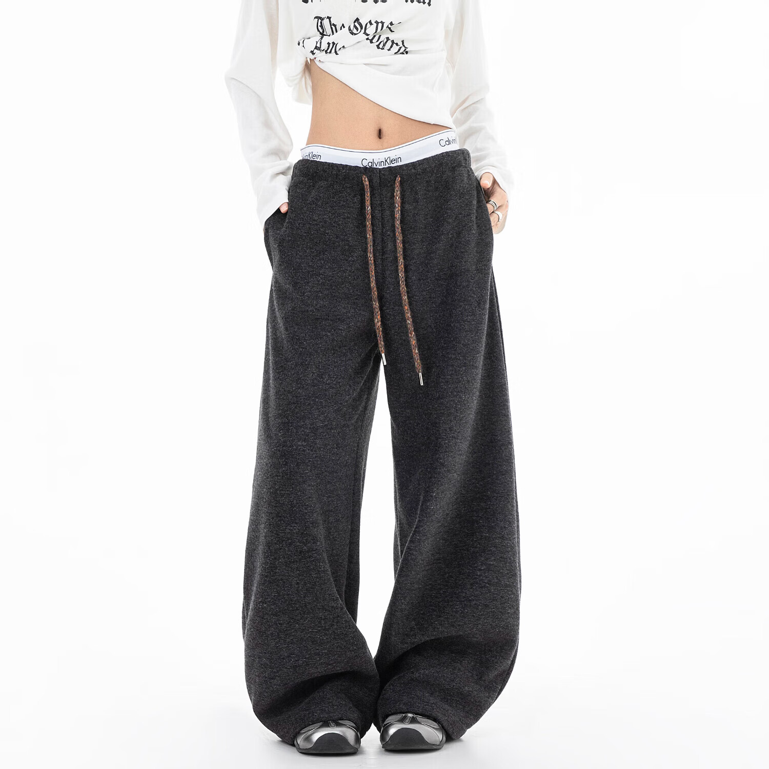 ICH MODE美式加绒休闲裤女宽松慵懒直筒阔腿运动裤加厚卫裤糯米裤 黑色 XL