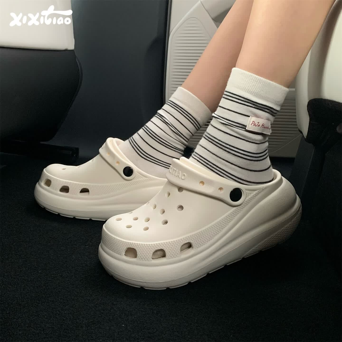 细细条（XIXITIAO）足弓洞洞鞋女EVA增高厚底夏网红海边度假沙滩凉鞋包头拖鞋 黑色【纯色】 38-39 【标准码】