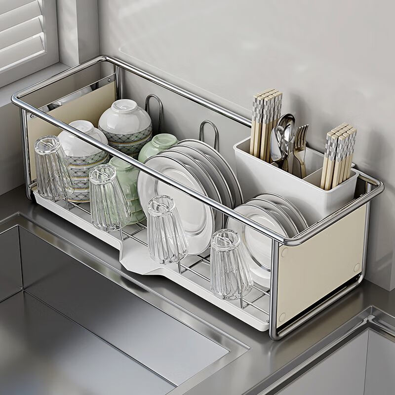 简漾窄款碗碟架多功能碗碟沥水置物架台面一体式碗筷收纳架餐具置物架 单层碗碟架【米白色】