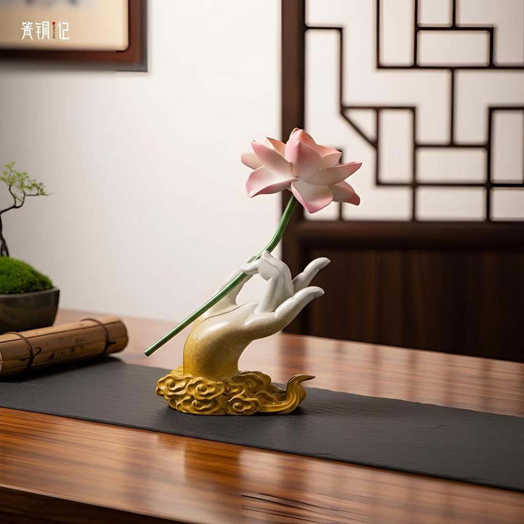 箐铜记黄铜福手莲花摆件 佛系禅意家居装饰品送长辈朋友乔迁伴手礼 福手莲花