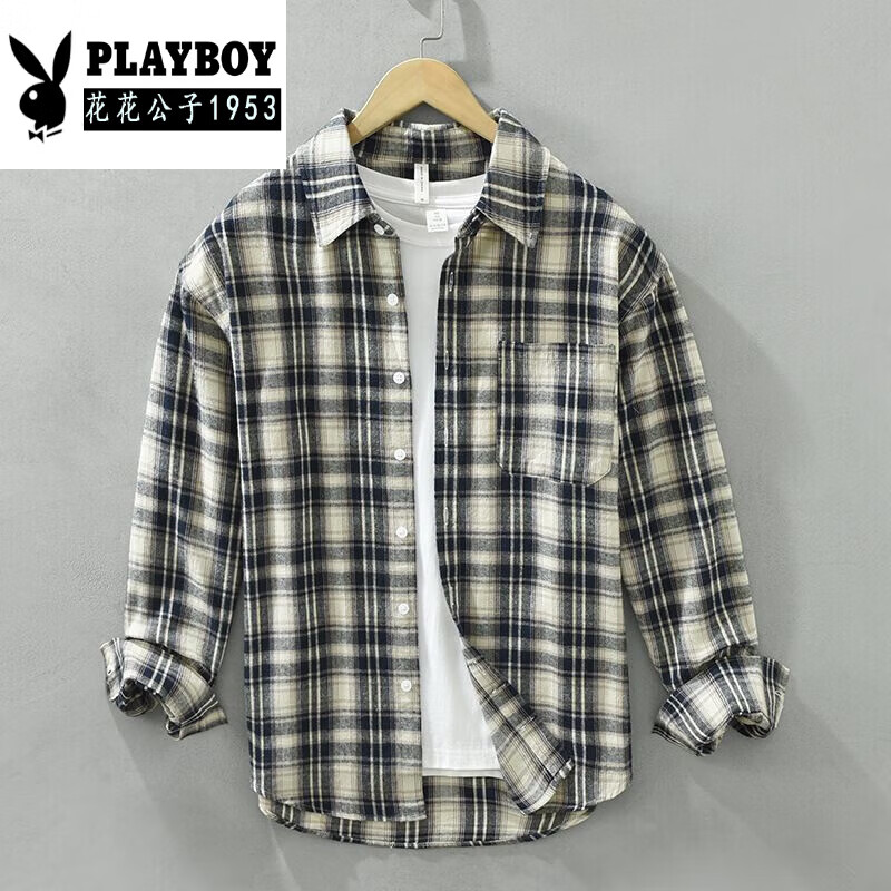 花花公子（PLAYBOY）春秋季男装长袖法兰绒格子衬衫文艺休闲宽松复古磨毛格纹衬衣外套 宝蓝色 M