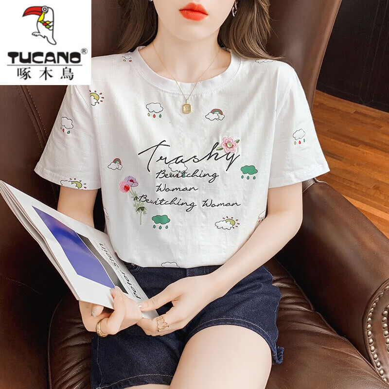 啄木鸟（TUCANO）t恤女含棉短袖刺绣印花设计感小众夏季女款2026新款正肩漂亮衣服 白色 S (建议80-95斤)