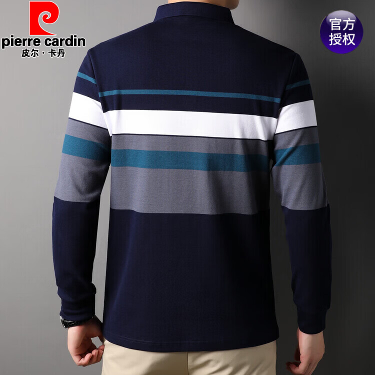 皮尔卡丹(pierre cardin)长袖T恤男中青年男装丝光棉条纹2025秋季修身休闲棉质POLO领衫 湖绿 66102 3XL 185/125