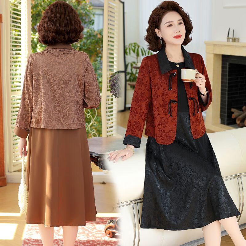 中国风妈妈装提花连衣裙套装中老年女装气质新中式外套裙子两件套 安哥拉红套装 【外套+裙子】 XL 【建议80-105斤】