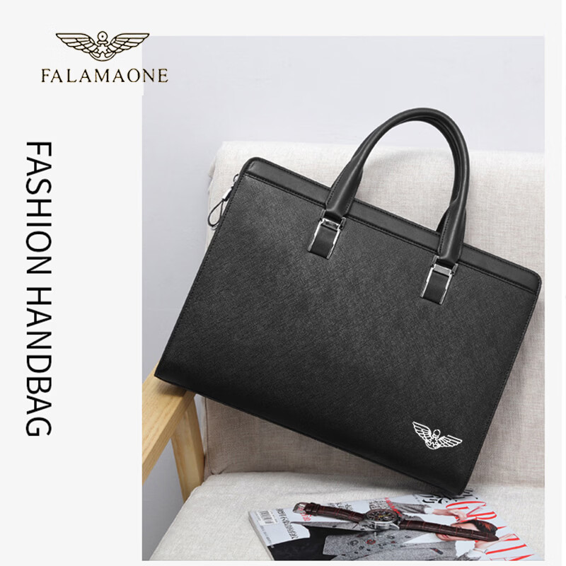 FALAMAONE商务公文包电脑大气手提包高端通勤包男士大容量 黑色中包 中包14英寸