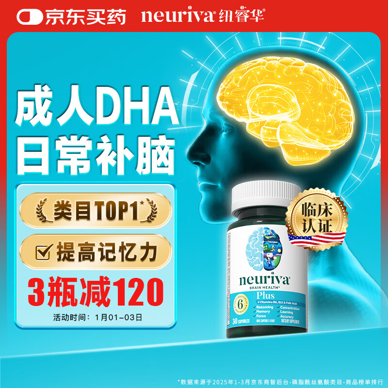 旭福（Schiff）neuriva脑动力plus30粒 脑黄金神经酸磷脂酰丝氨酸补脑增强记忆力