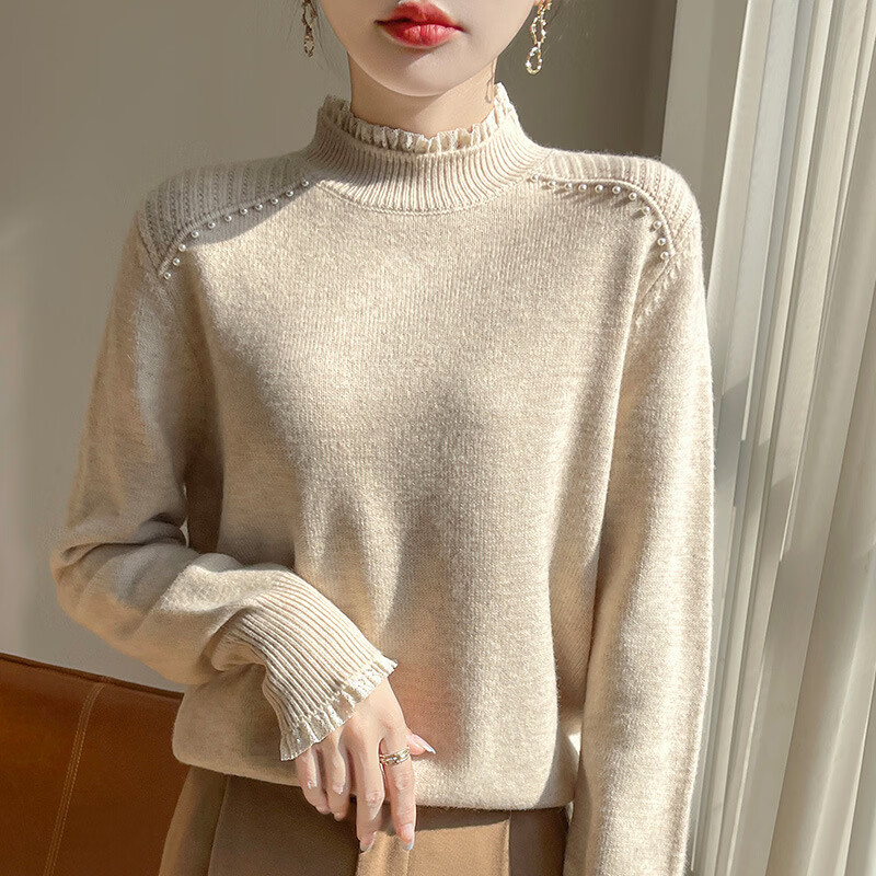 蕾丝半高领打底衫女2025新款秋冬简约洋气内搭女装针织打底毛衣 米色 L 【建议 105-120斤】