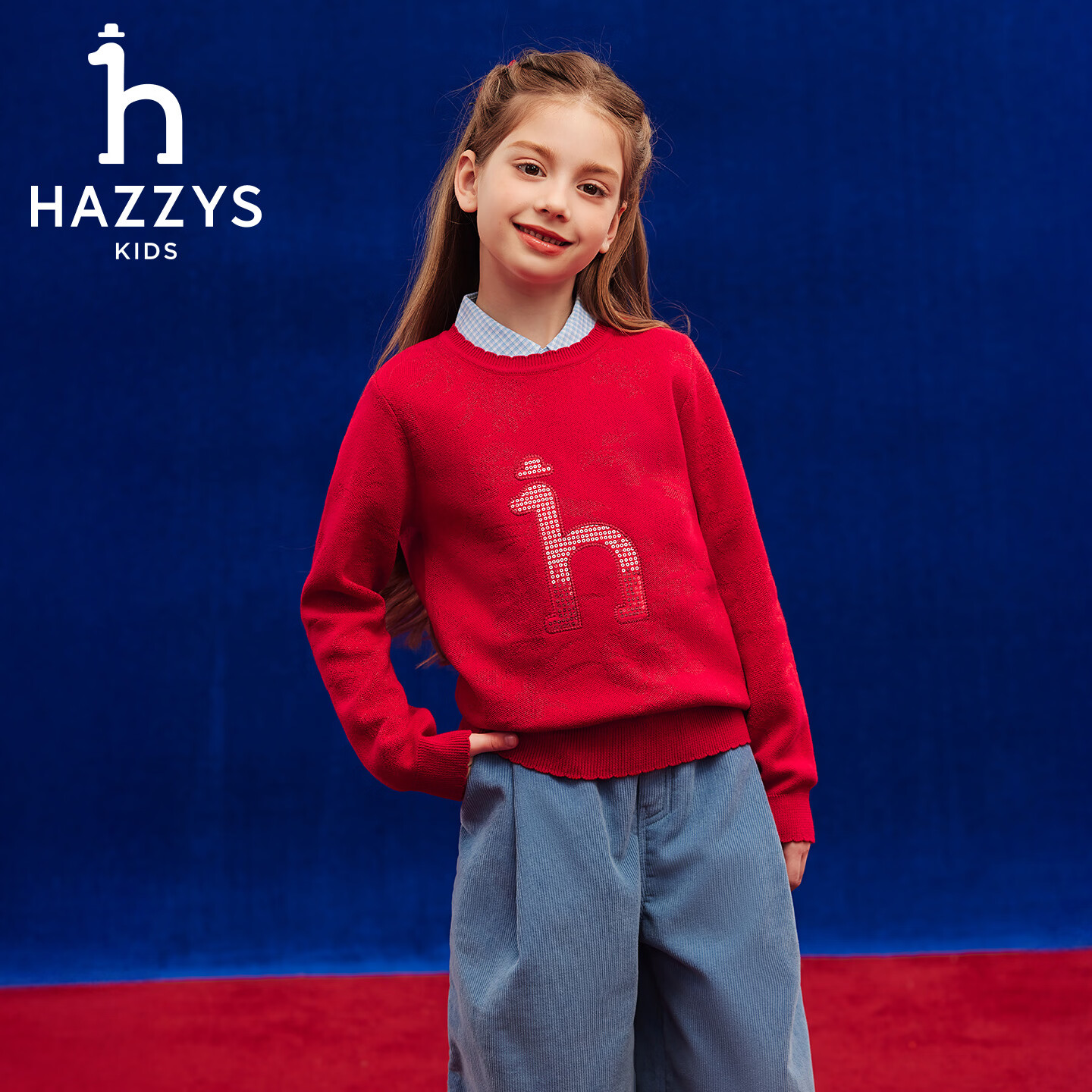 哈吉斯（HAZZYS）童装女童毛衣2026春新年经典红针织线衣上衣拜年服 经典红 165