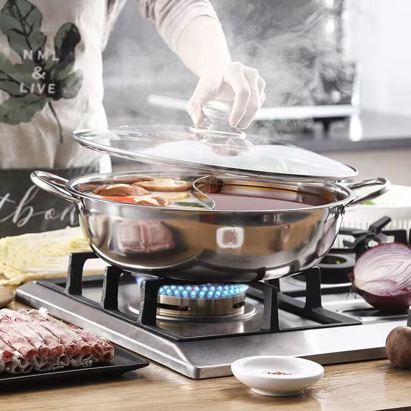 EWIWE不锈钢涮锅火锅家用双耳带盖简单汤锅大容量鸳鸯电磁炉煤气炉 鸳鸯锅/大容量/全不锈钢材质 28cm