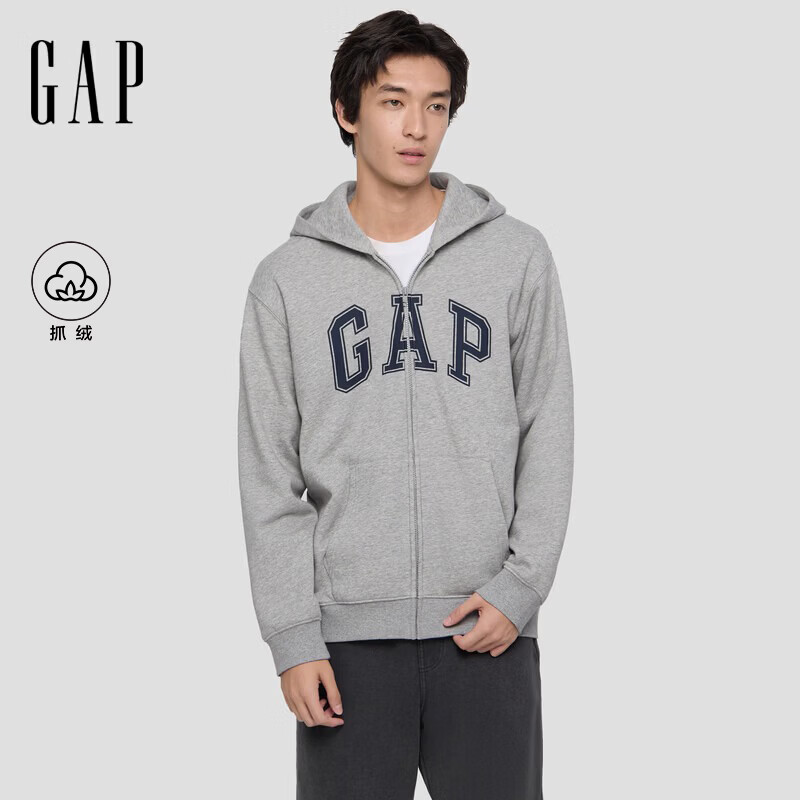 盖璞Gap男女装2025秋季新款Logo印花宽松抓绒连帽卫衣休闲上衣786930 灰色 M (170/92A) 亚洲尺码