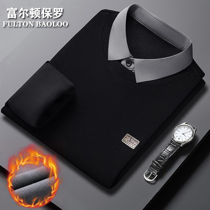 FULTON BAOLOO 富尔顿保罗男士卫衣冬季加绒加厚保暖衬衫领打底衫中青年品牌假两件长袖T恤 黑色加绒 M （建议100到120斤穿）