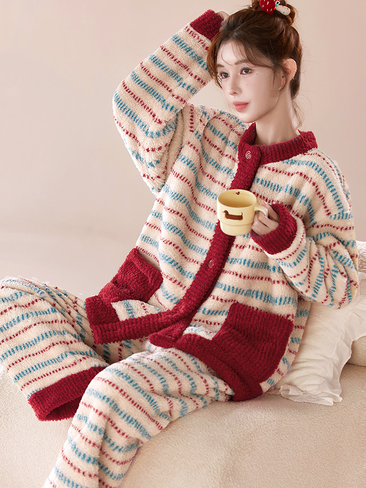 雅鹿睡衣冬女加绒保暖睡衣女士秋冬季2025新款珊瑚绒大码家居服圣诞套 NSJLY-KS274柏林纪事圆领女 L (100斤-120斤）