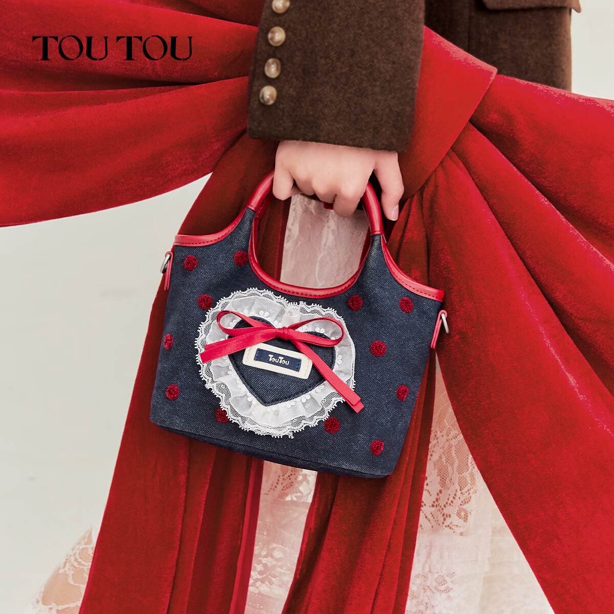 toutou仿牛仔爱心菜篮子托特包斜挎包新款实用生日礼物送女友送礼 深牛仔蓝
