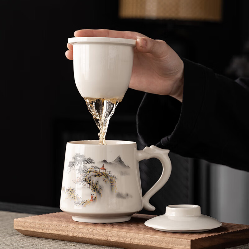 韵化茶杯茶水分离陶瓷个人专用马克水杯高档办公杯公司活动商务伴手礼 草木灰【鱼跃】龙把办公杯三件套