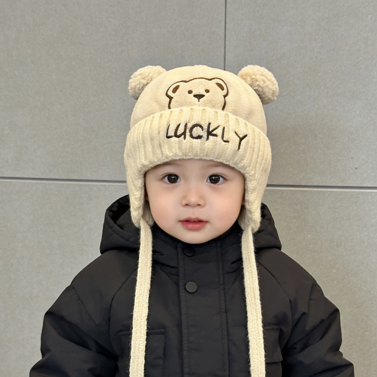 宝宝帽子秋冬季加绒护耳帽冬天儿童防寒保暖帽小熊男女针织套头帽 内里绒护耳帽-米色 参考3-9岁/帽围50-54cm【有弹力】