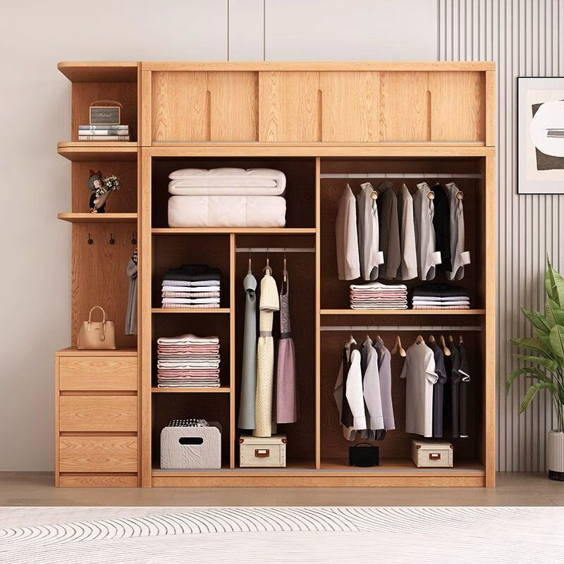 东璨全实木衣柜家用卧室松木推拉门收纳柜子儿童衣橱出租房用移门衣柜 长160深55高200cm【主柜】