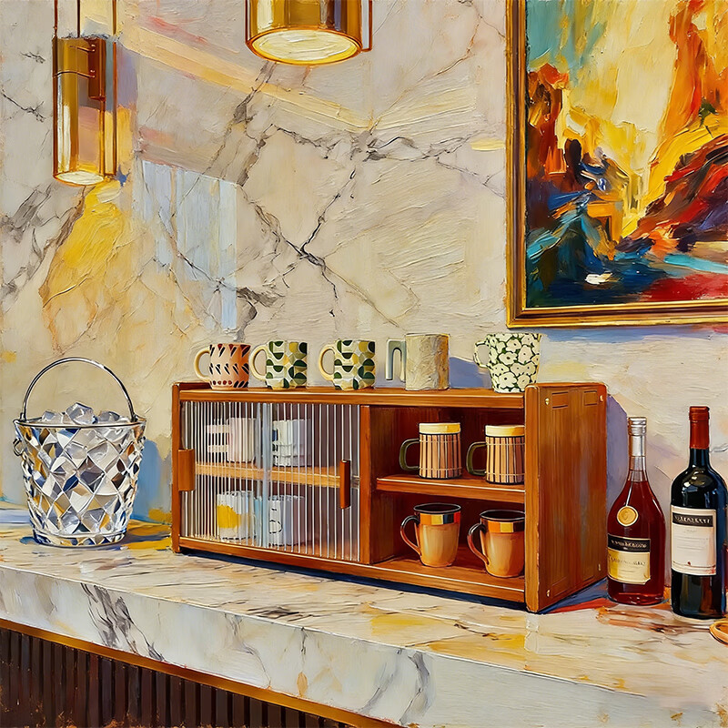 尔思家实木杯架家用台面茶具桌面收纳置物架防尘水杯马克杯餐边收纳柜子 【黑胡桃木色清漆】二层-长虹钢化玻璃柜门*圆润边角