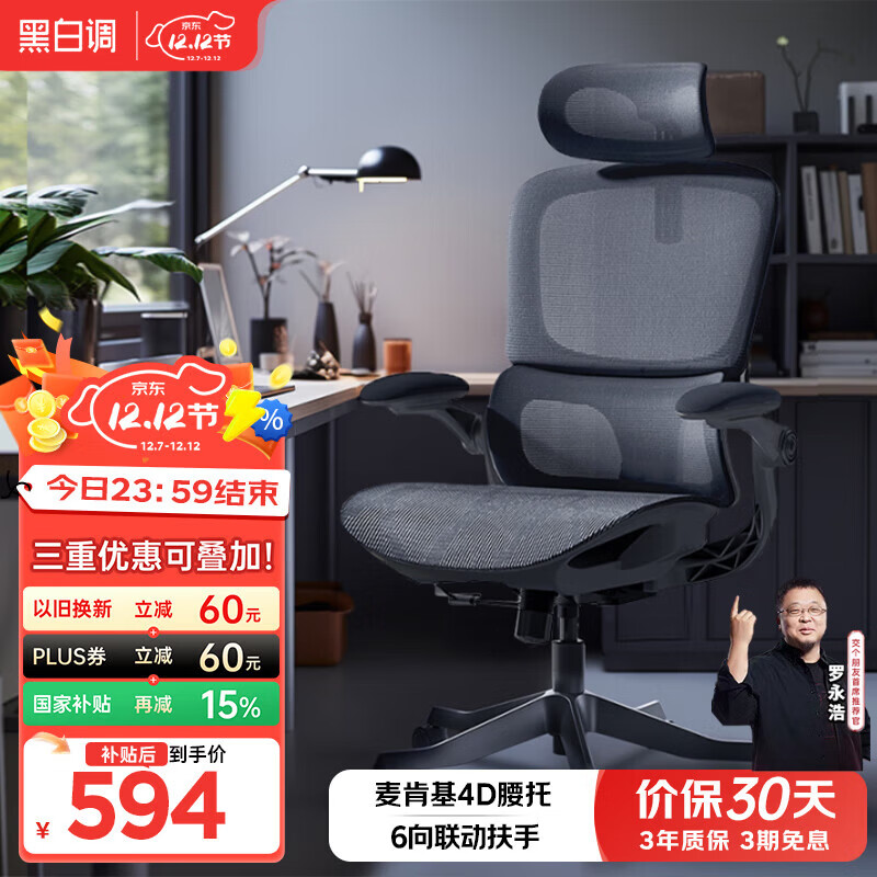 黑白调P2 Pro人体工学椅电脑椅办公椅人工力学座椅宿舍学习电竞椅子久坐