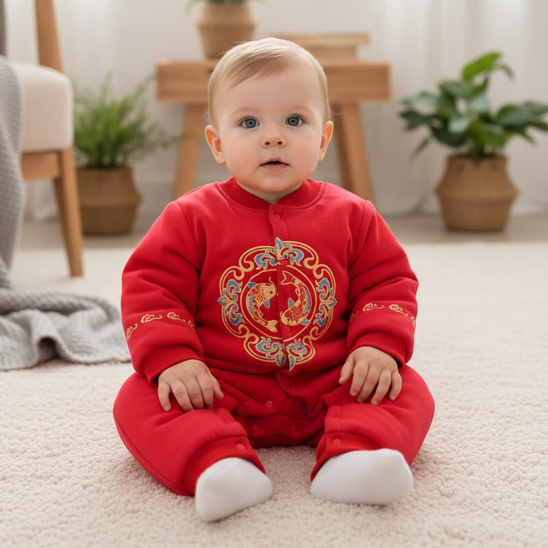 皮偌乔 PO&JO宝宝拜年服过年衣服棉衣婴儿连体衣秋冬喜庆刺绣红色周岁礼服满月 福鹿双至 59cm 码