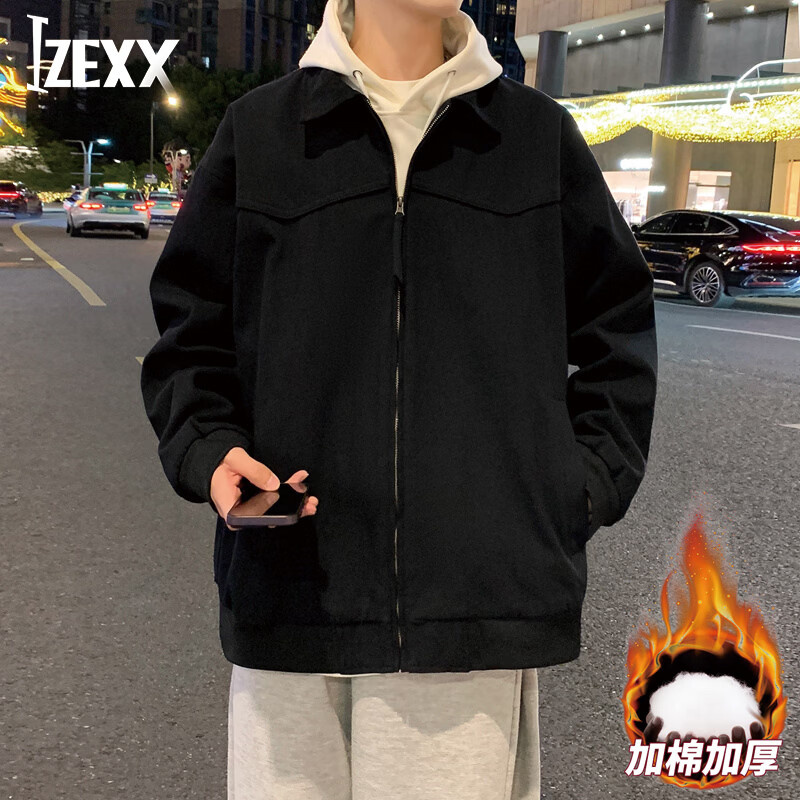 IZEXX底特律工装夹克男款秋冬飞行员美式宽松百搭翻领外套AJ82黑色2XL