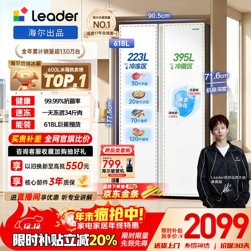 统帅（Leader）海尔冰箱出品618L对开门双开门家用冰箱超大容量一级能效BCD-618WGLSSEDW9以旧换新国家补贴20%