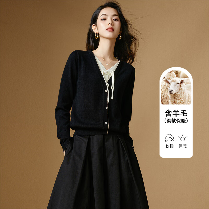 晚白【断码清仓】含羊毛假两件设计感上衣气质时尚套头针织衫女 黑色 S