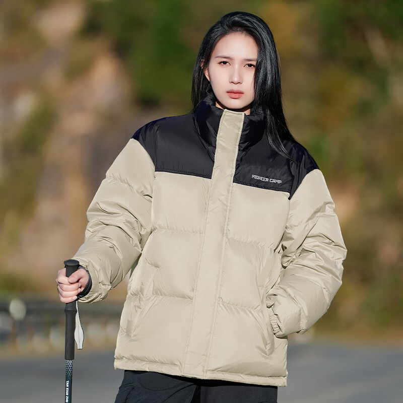 拓路者羽绒服男女通用款25冬季外套保暖户外休闲百搭面包服立领羽绒上衣 浅卡其 S