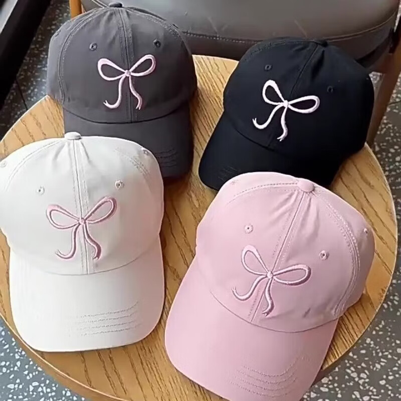 朋意粉色蝴蝶结刺绣鸭舌帽女夏季2025新款大头围棒球帽防晒遮阳帽子 蝴蝶结鸭舌帽-黑色 均码