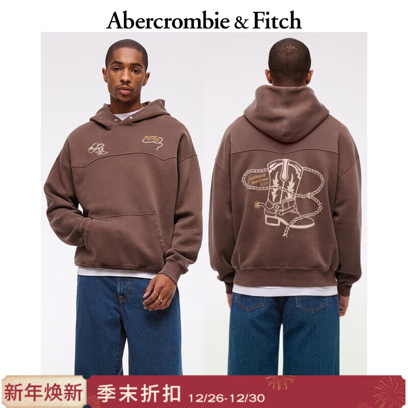 Abercrombie &amp; Fitch美式保暖抓绒经典图案舒适套头连帽长袖卫衣25秋冬男装122-5576 棕色 L (180/108A)