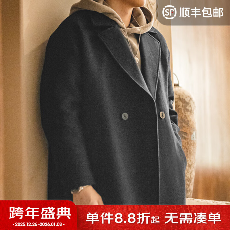 马登工装 美式复古重磅羊毛呢子大衣中长款加厚防风保暖休闲外套男冬 炭黑色 XL (180)
