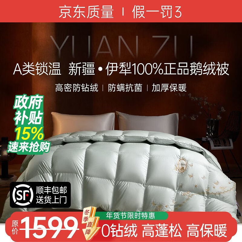 元族（7A级100%鹅羽绒被）静音保暖抗菌除螨冬被加厚双人高蓬松羽绒被 蝶羽-水绿 220*240cm冬被 （填充1500g白鹅绒）