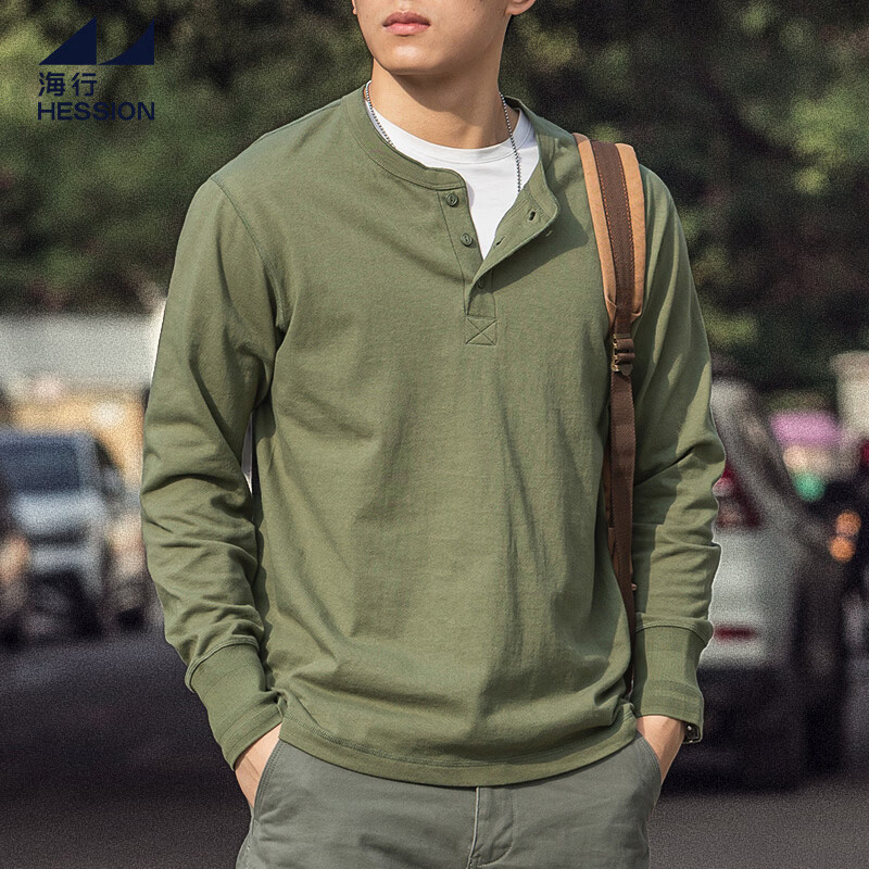 海行户外美式复古亨利衫长袖t恤男2025春季纯棉侧身无缝亨利领打底衫 军绿色 L (参考140-155斤)