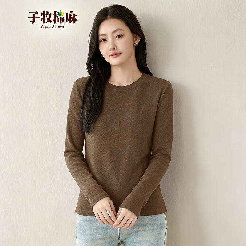 子牧棉麻秋冬装 女韩版双面磨毛德绒圆领长袖打底衫加厚保暖上衣8699 咖啡色圆领德绒款 加厚 2XL (建议130-145斤)