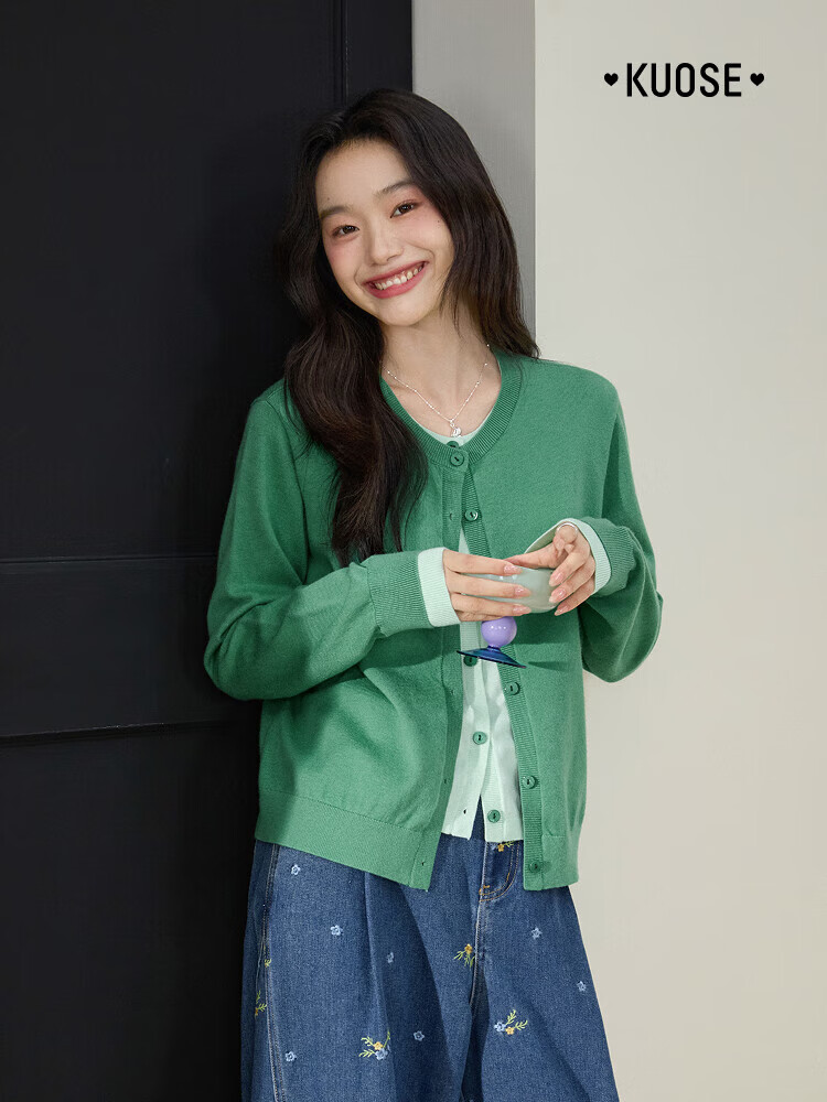 闊色（kuose）2025秋季新款假兩件毛衣外套拼色設(shè)計女士通勤風(fēng)針織開衫紐扣圓領(lǐng) 綠色8001 現(xiàn)貨 M