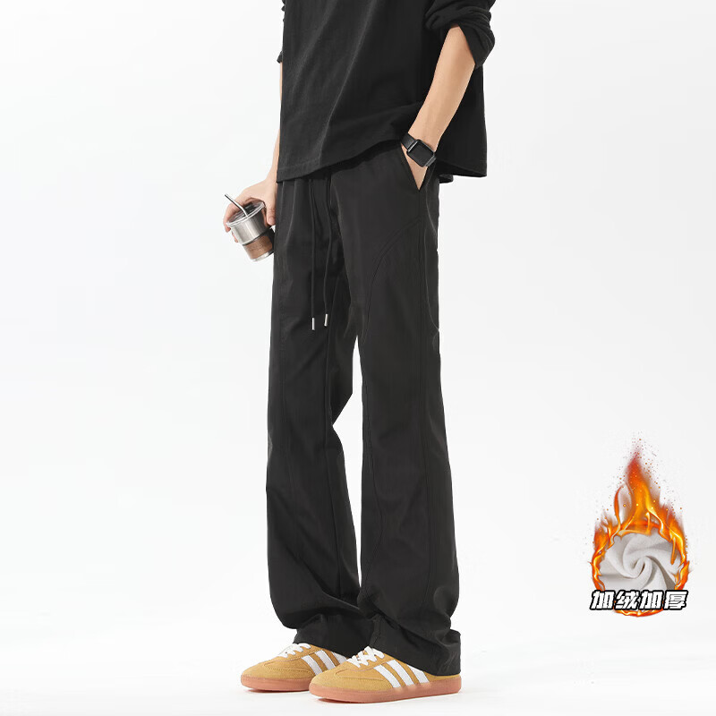 花花公子（PLAYBOY）加绒休闲裤子男微喇弯刀长裤 米白色加绒 M 90-110斤