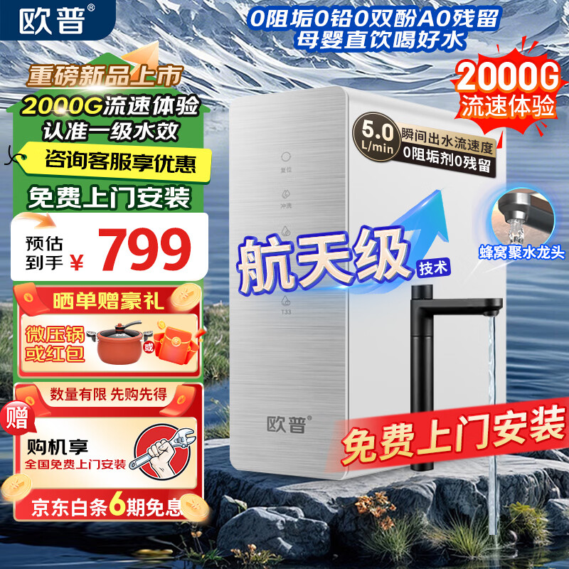 欧普照明净水器家用厨下式RO反渗透瞬时2000G出水0阻垢台下用净水机直饮一体机接自来水净饮机 【超大通量2000G】净水器
