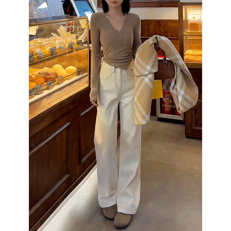 美思源白色直筒牛仔裤女士春季裤子新款2026新款杏色高腰拖地裤阔腿裤 米杏色长裤加厚绒 S 【90-105斤】