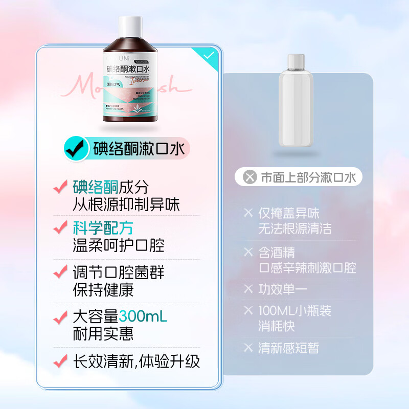 韩伦美羽碘络酮漱口水清新口气除口臭持久留香男女士便携式口腔清洁正品 300ml*2瓶