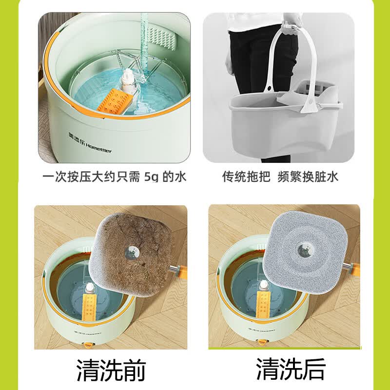 HoMettler小型洗脱一体拖把神器免手洗平板2025家用旋转脱水懒人净地拖地布 净距离雾霾蓝-4布+玻璃擦+清洁片