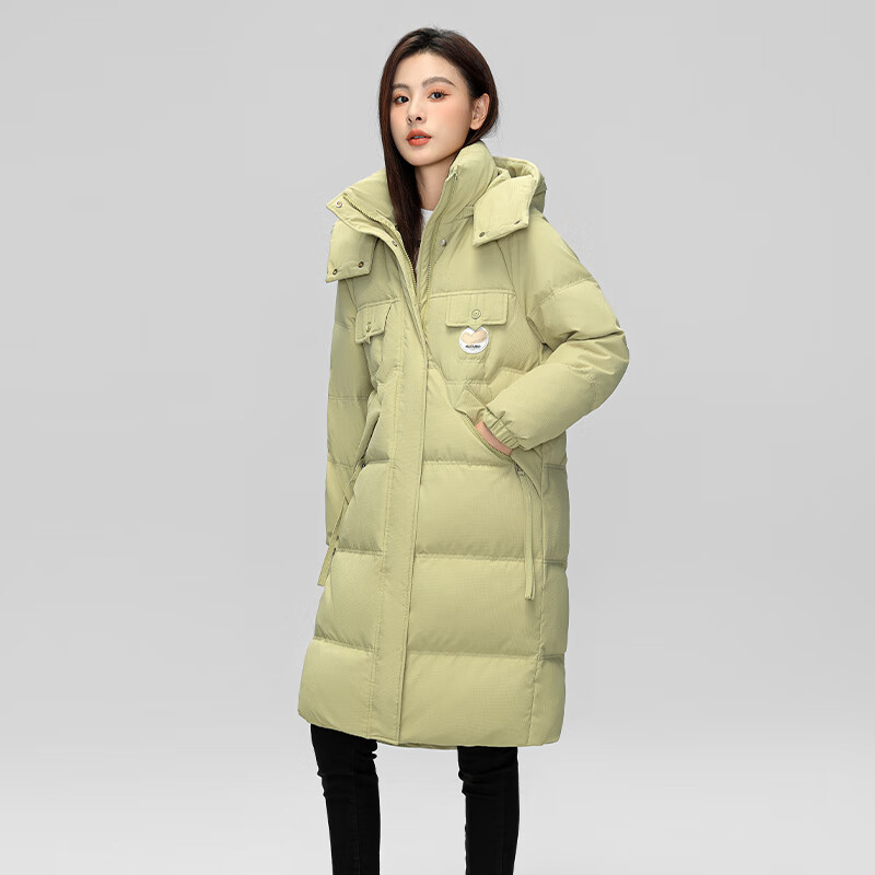 南极人（Nanjiren）长款羽绒服女士2025新款可脱卸帽子潮流时尚通勤保暖外套30850 豆绿色 M (160/84A)