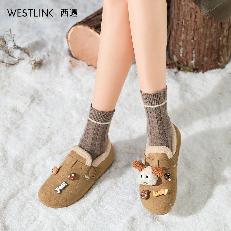 西遇（Westlink）全包加绒勃肯鞋女新款冬季丑萌小狗毛毛鞋软底外穿棉鞋 绿色 付款20天 38 (240)